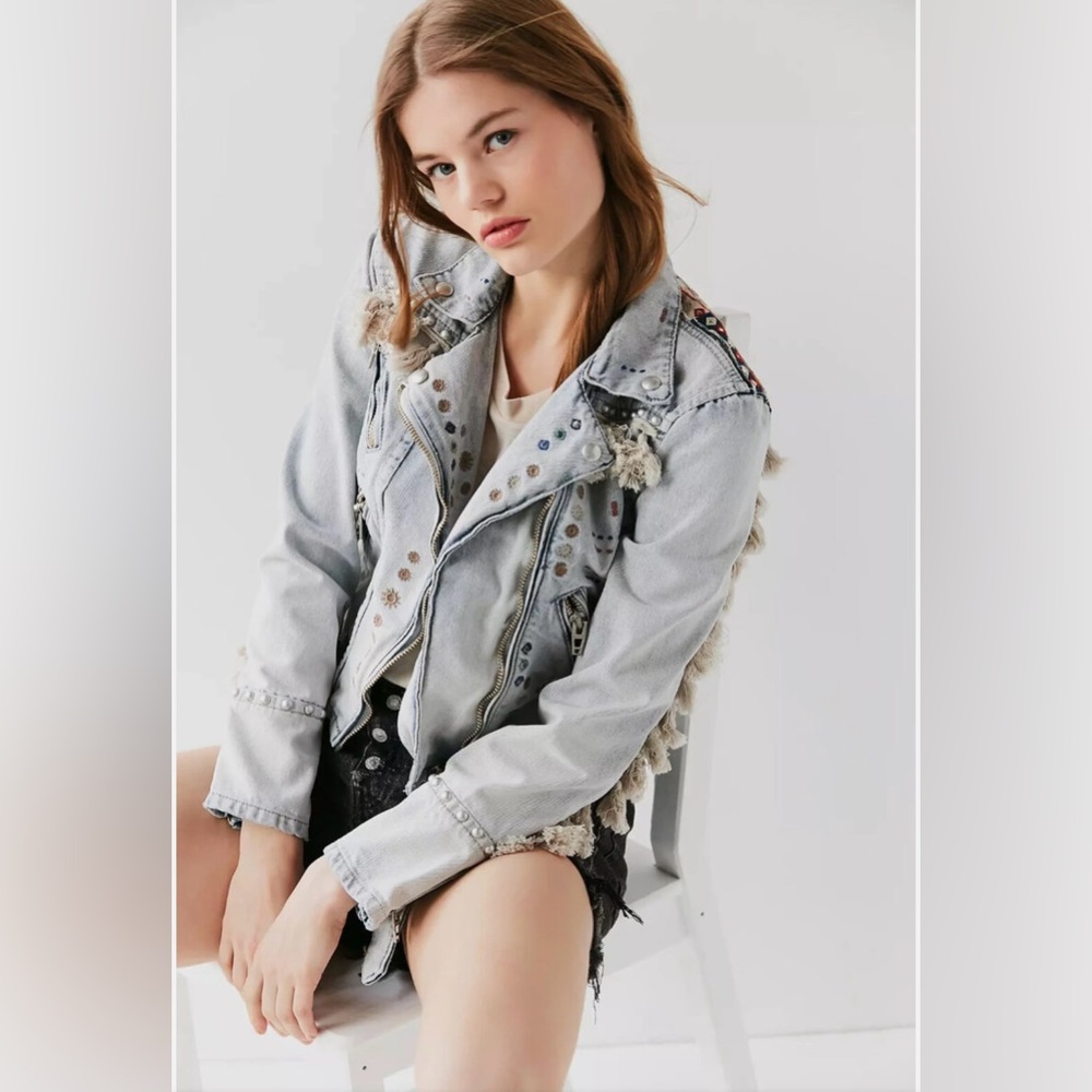 BLANK NYC Fringe Tassel Trim Studded Denim Jacket
